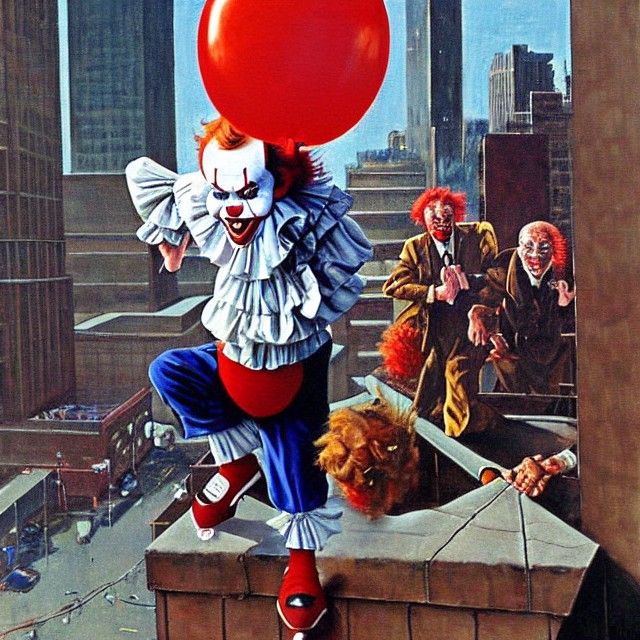 Pennywise's High-Rise Havoc: A Rockwell-esque Painting