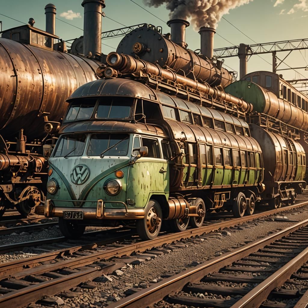 Steampunk VW Minibus Locomotive with Train Wagons
