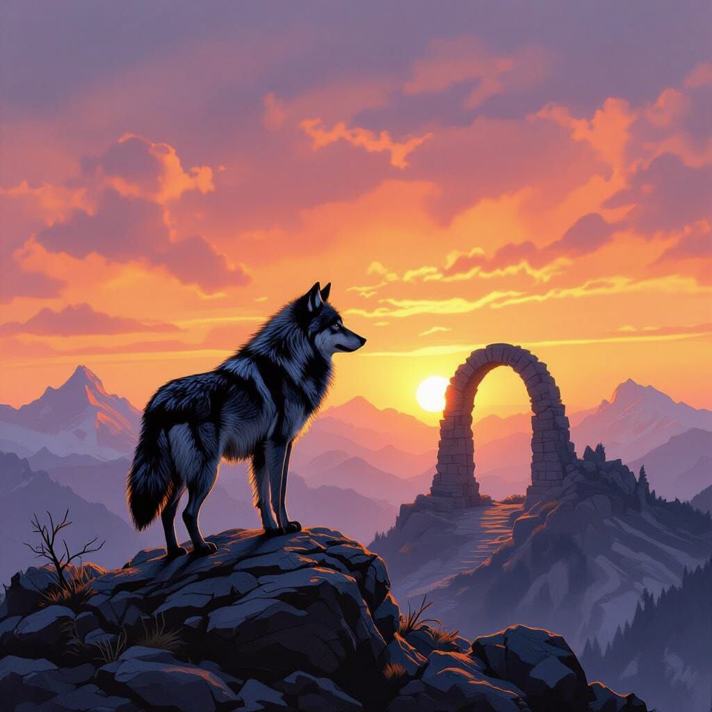 Lone Wolf on Mountain Peak at Sunset, Charcoal Drawing