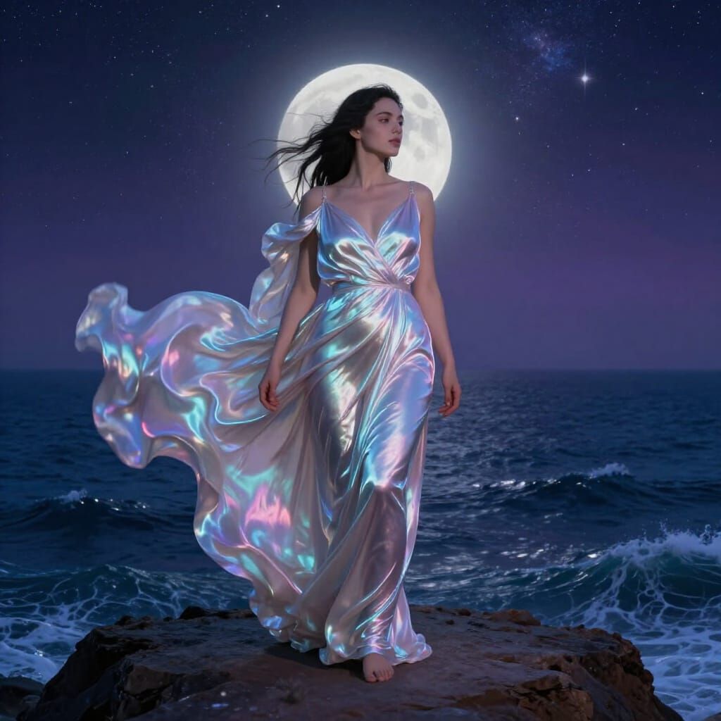 Woman in Ethereal Silk Gown on Moonlit Cliff