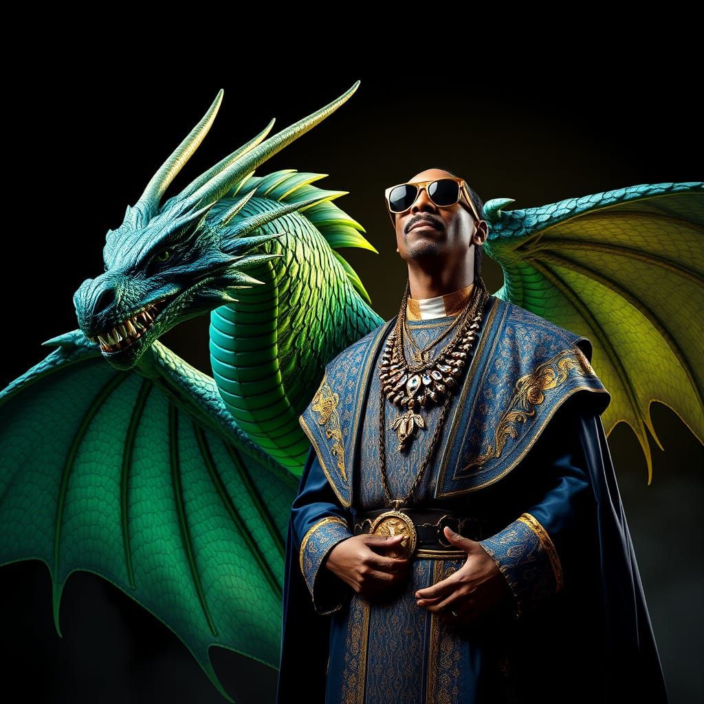Medieval Snoop Dogg Stands Beside Emerald Dragon in Rich Bla...