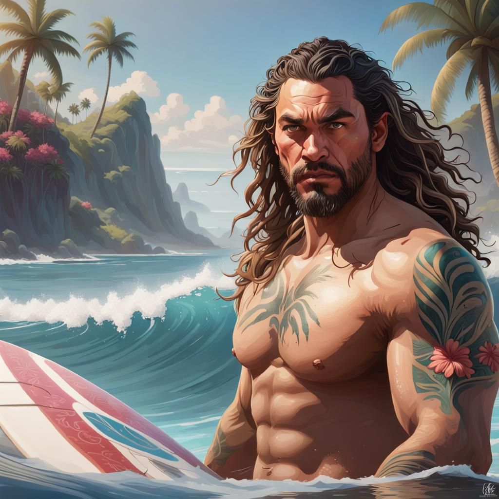 Jason Momoa Surfing in a Heavenly Island Bay
