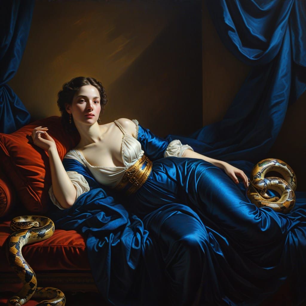 Baroque Oil Painting of a Reclining Nude Woman in Indigo Blu...