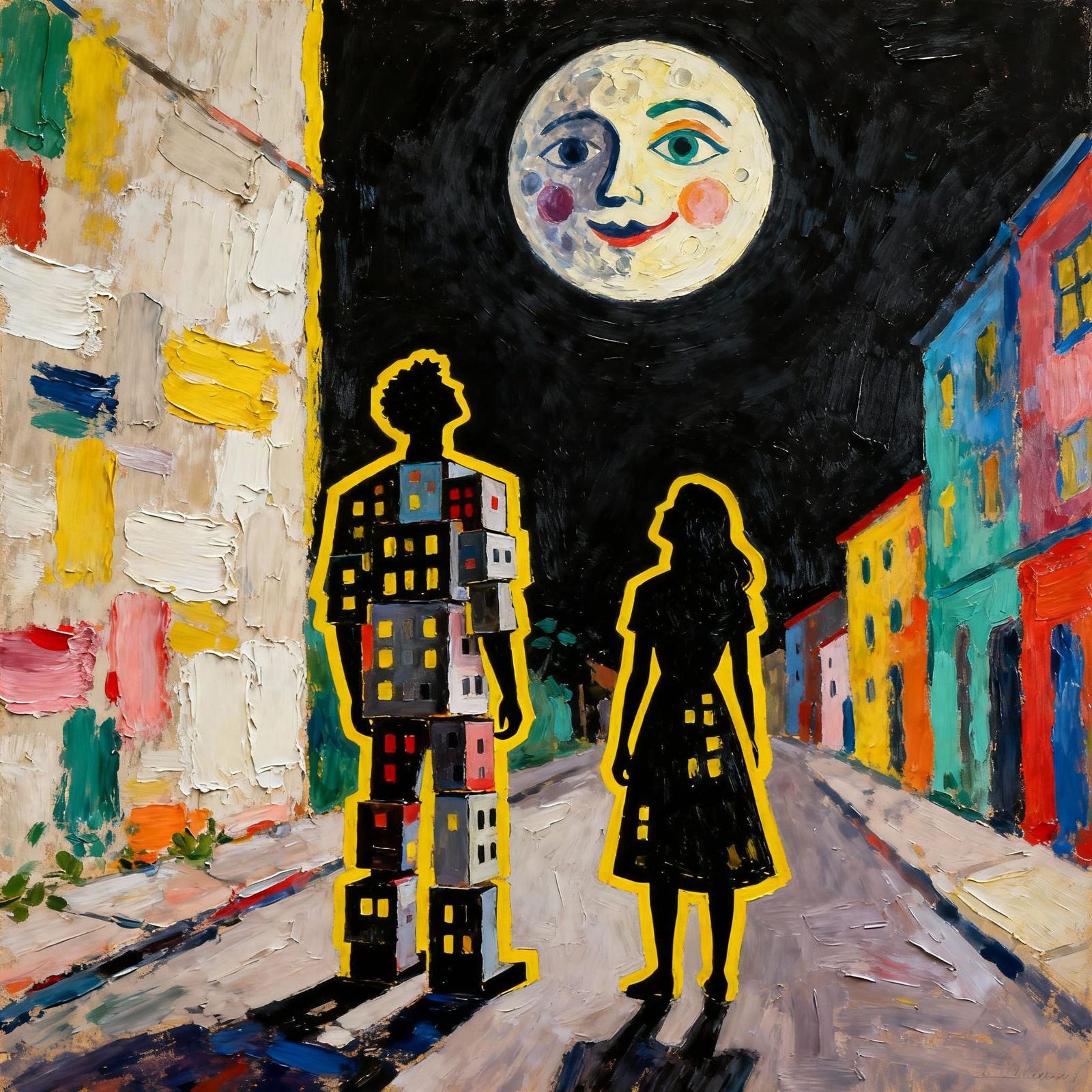 City Block Silhouettes Gazing at Whimsical Moon Face