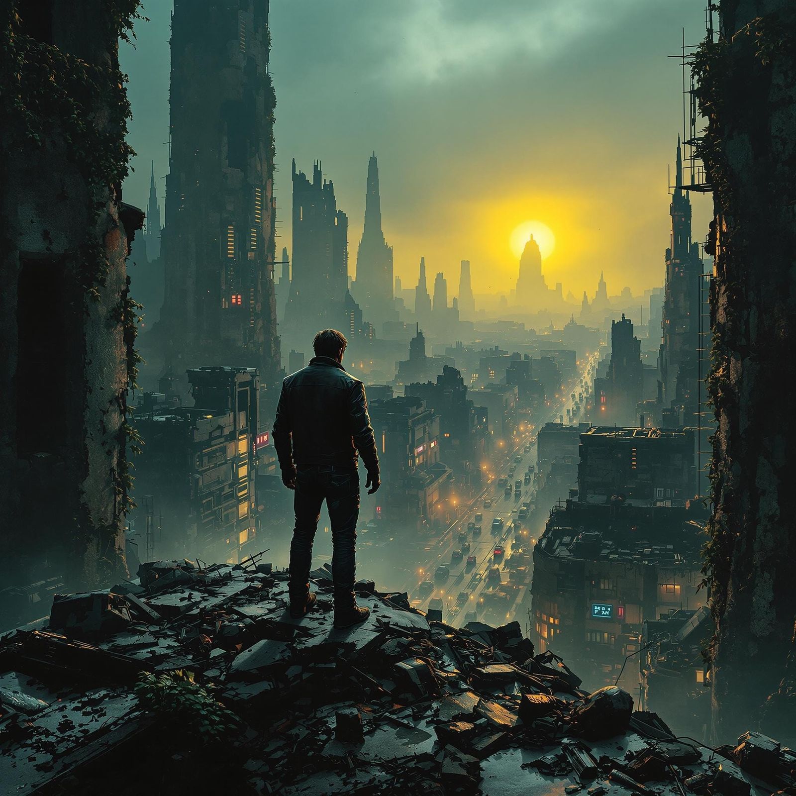 Gritty Dystopian Cityscape in Neon-Lit Ruins