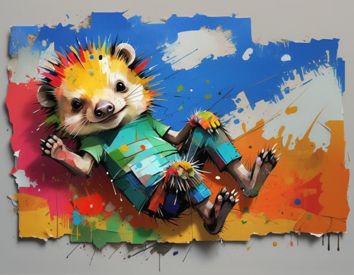 Colorful Whimsical Porcupine Illustration in Expressionist S...