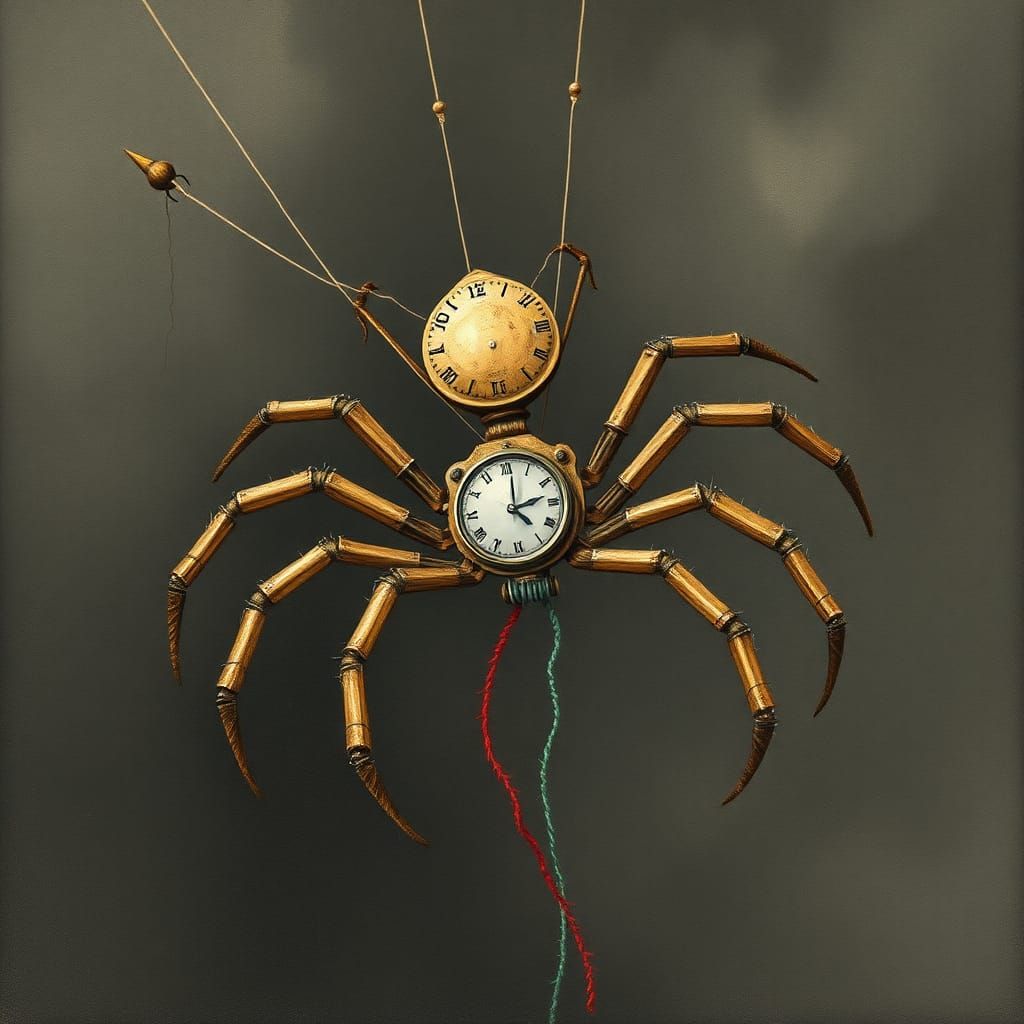 Clockwork Spider Weaving Wool Web, Surreal Art