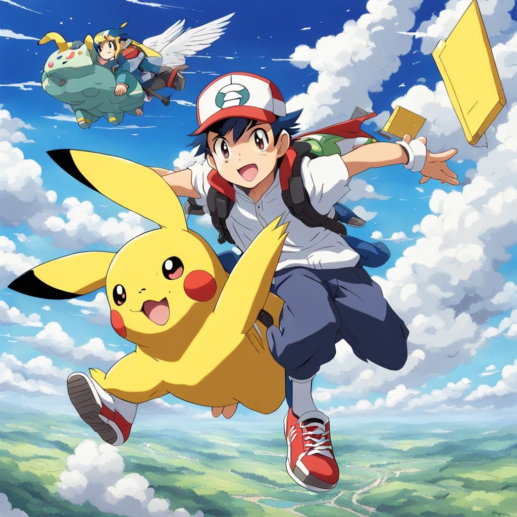 Ash Ketchum and Pikachu on Braviary, Anime Style