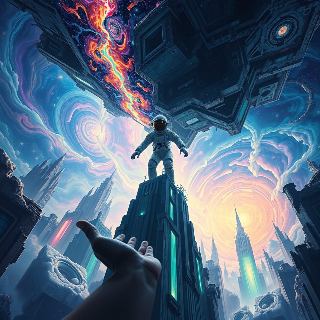 Astronaut in Escher-esque Cosmic Cityscape