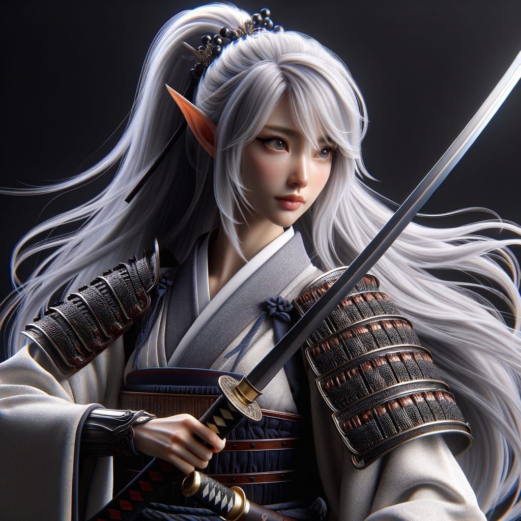 Elegant Dark Elf Samurai in Kimono Armor