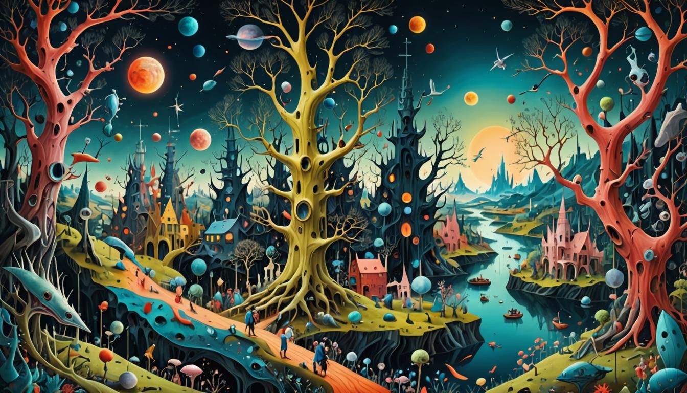 Bosch-Inspired Surrealism: Spaceships in Dream Landscape