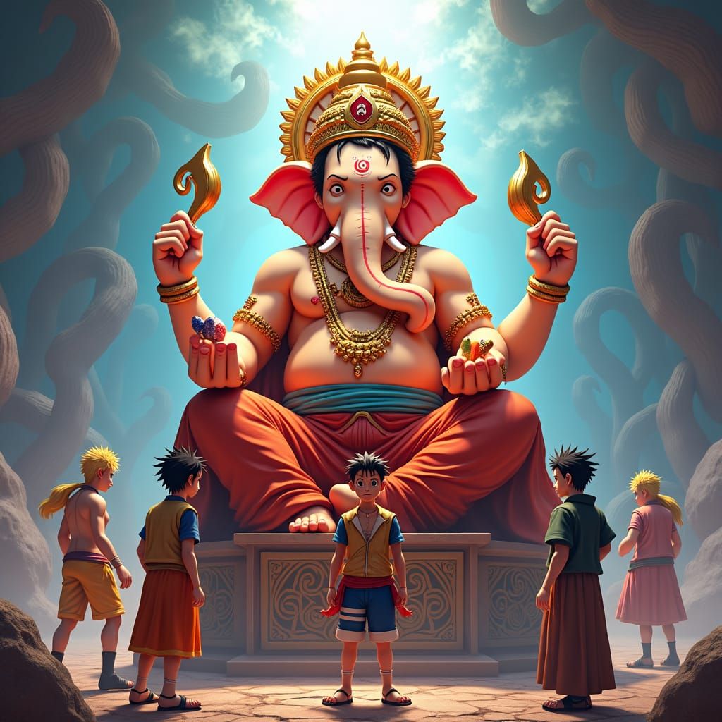 Lord Ganesh with Luffy, Naruto, and Jin Woo