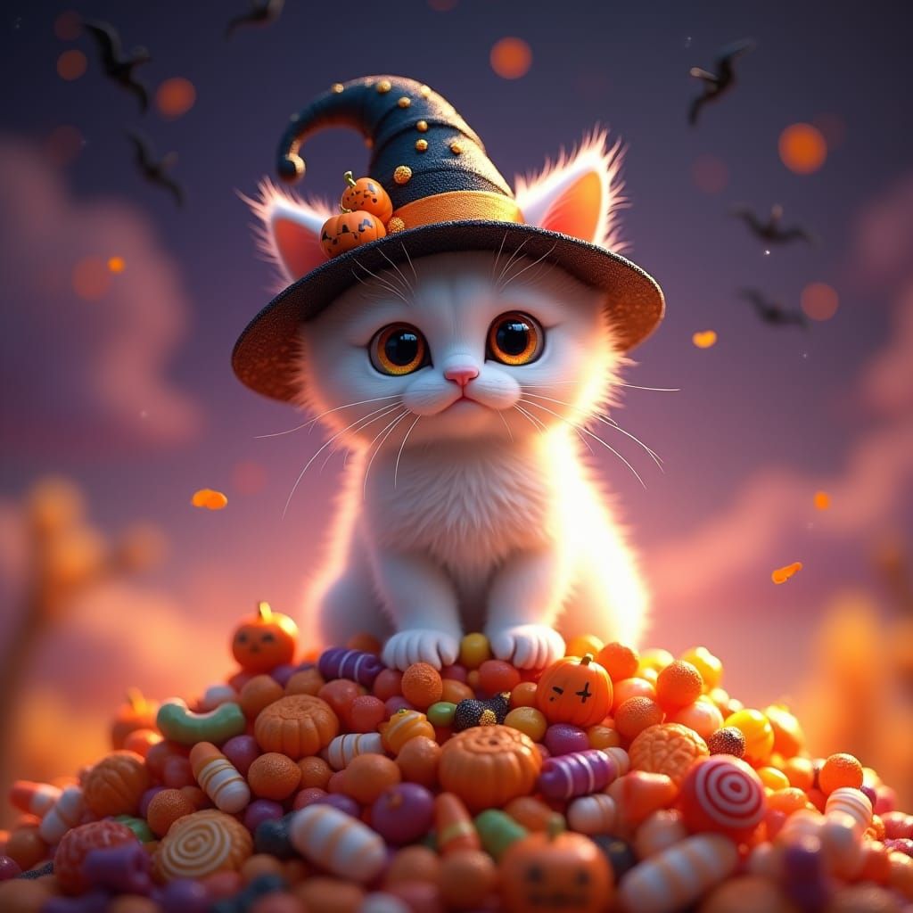 A 3D digital rendering of an adorable white kitten with larg...