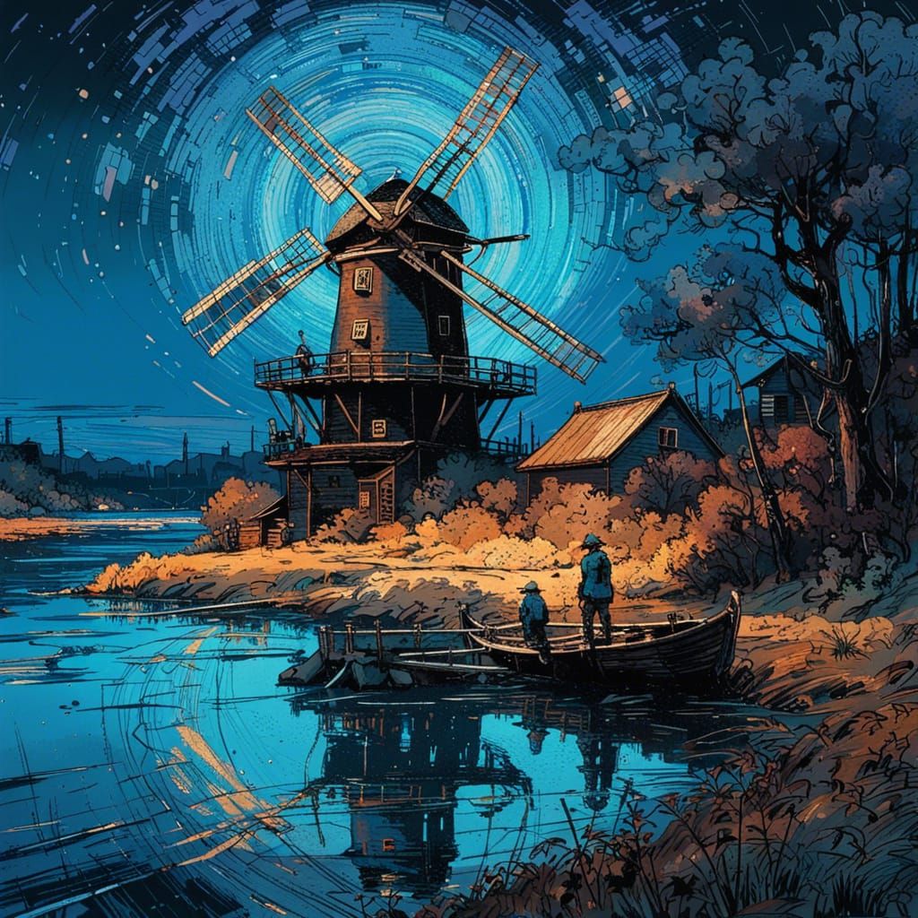 Windmill on Blue River, Digital Art