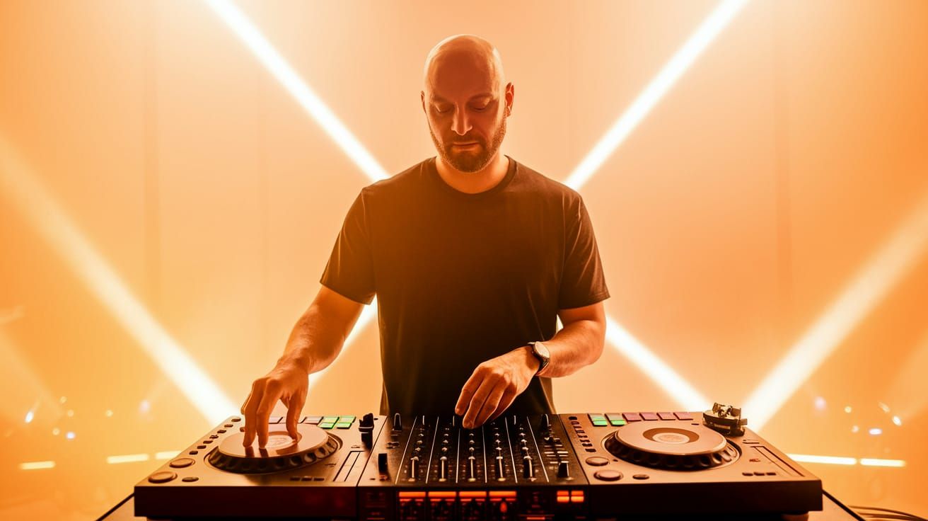 Confident DJ Mastering the Turntables in a Vibrant Studio