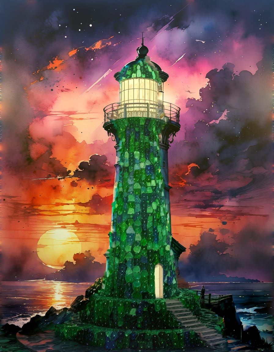 Lighthouse at Sunset in Watercolor Ink Splash Art Style