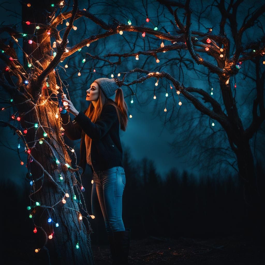 Festive Horror: Woman Decorating a Dead Tree