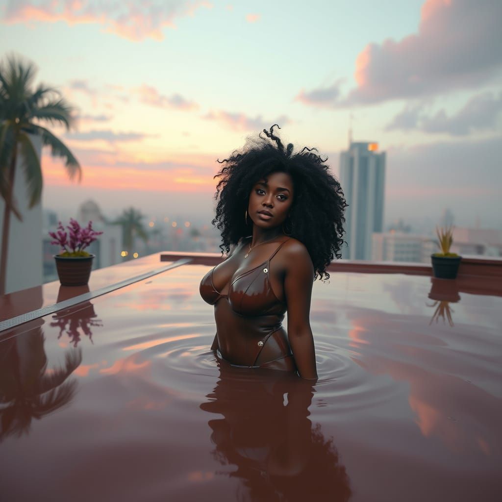 Chocolate Woman Rising Under Pastel Sky: Matte Painting