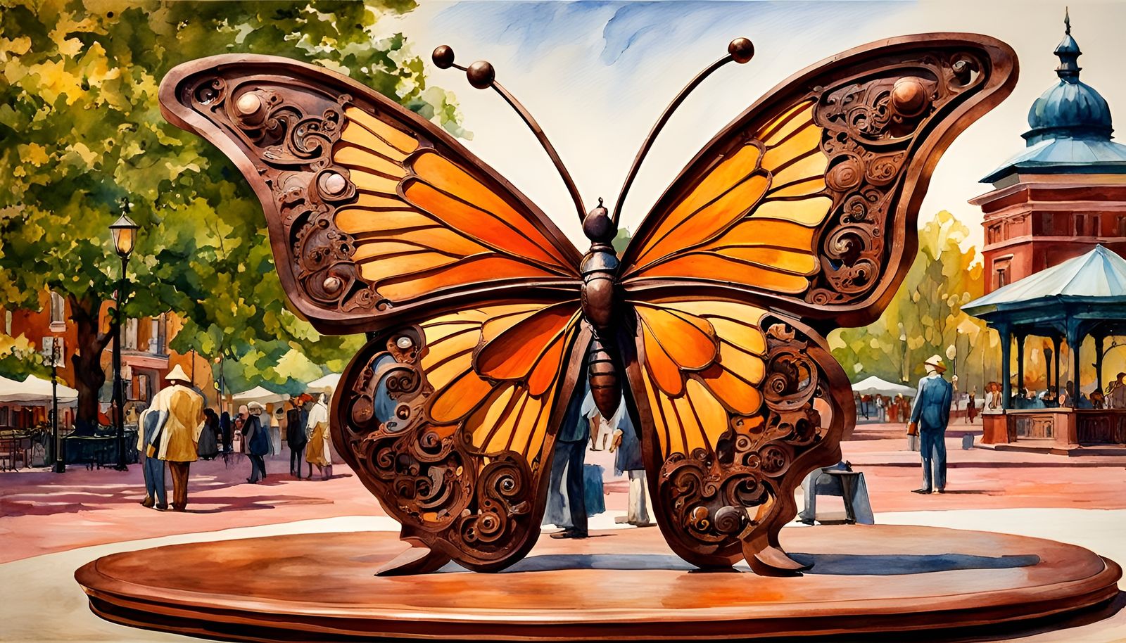 Intricate Iron Butterfly Sculpture in Town Square