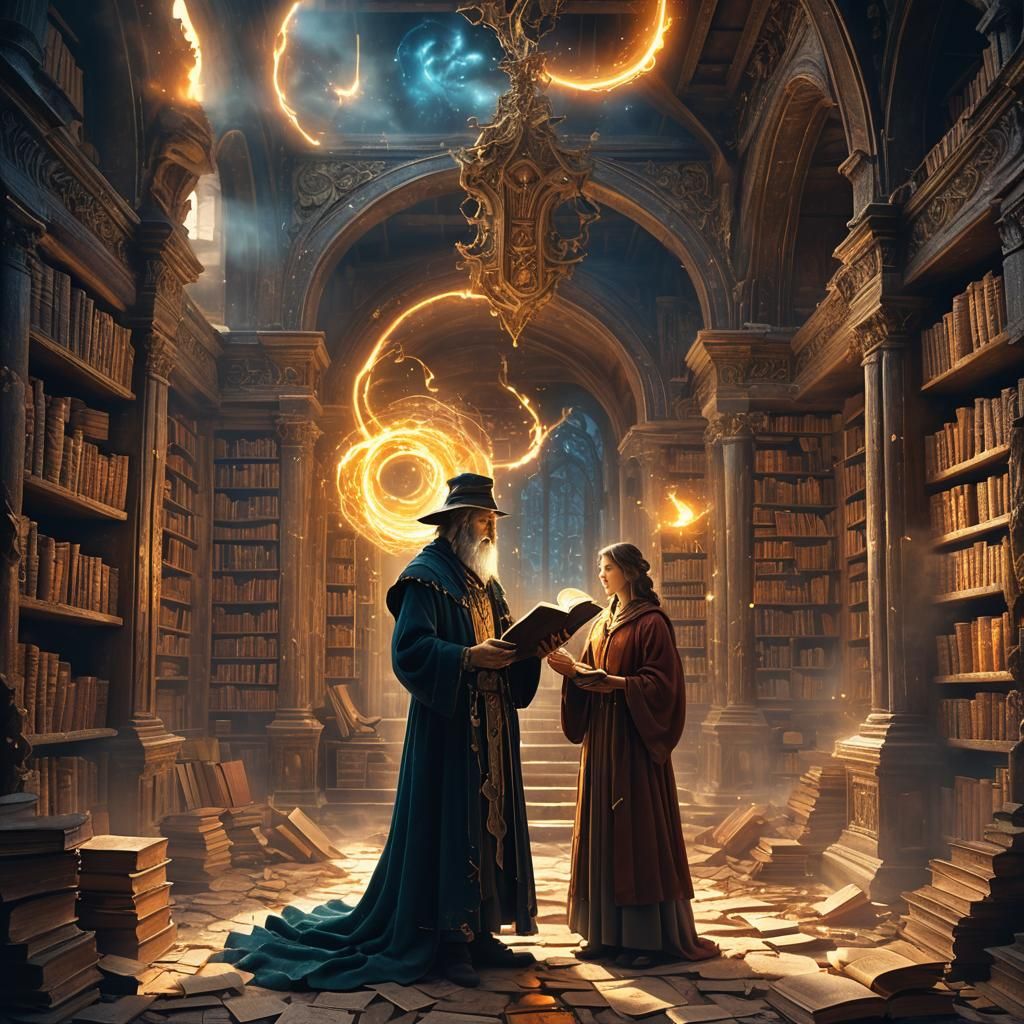 Mystical Sorcerer with Magical Tome in Ancient Library