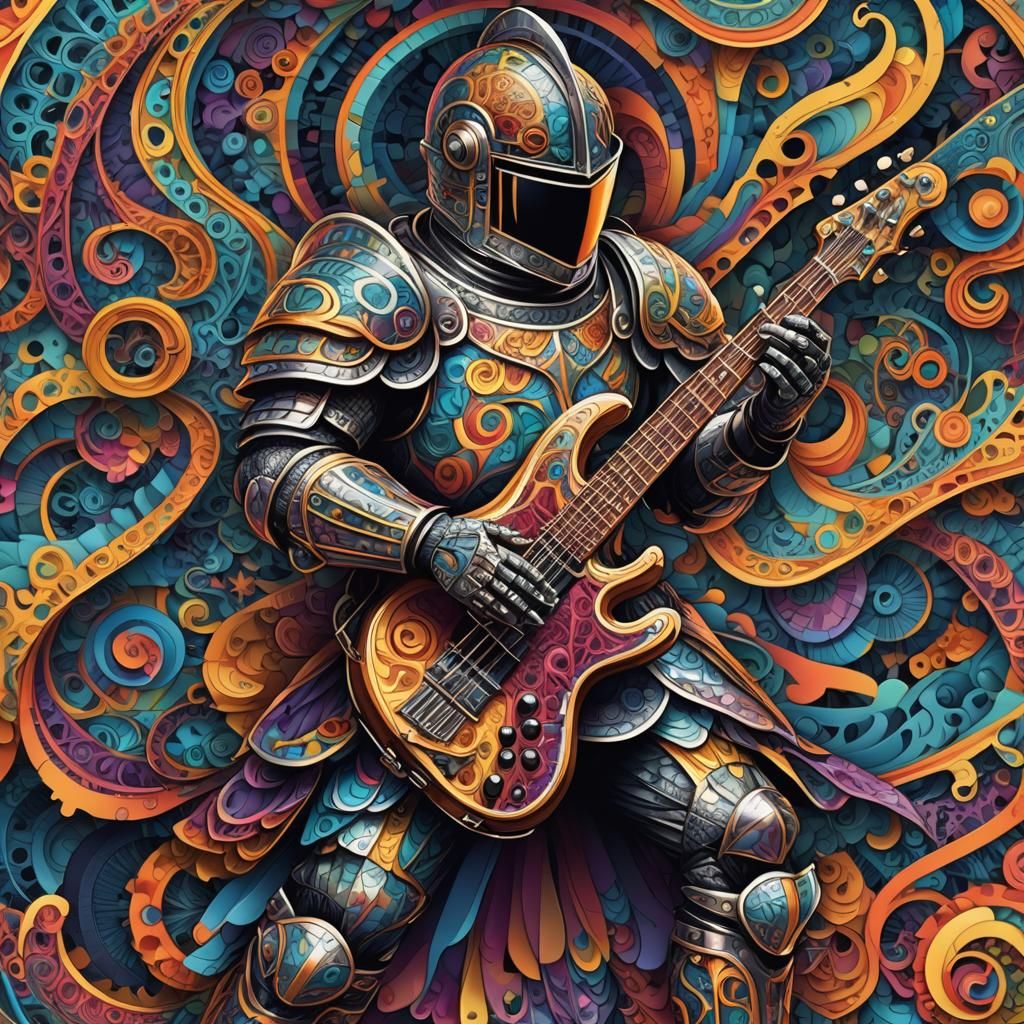 Knight Plays Bass Guitar in Psychedelic Fractal Art