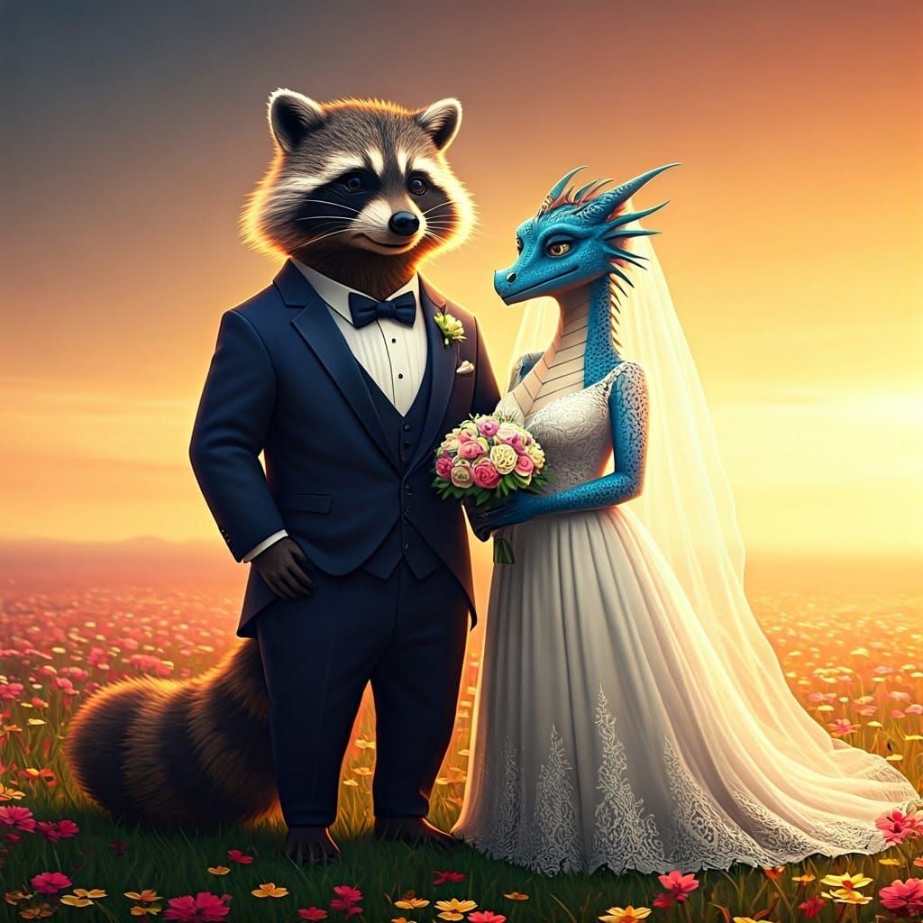 Raccoon Groom and Dragon Bride Wedding in Meadow