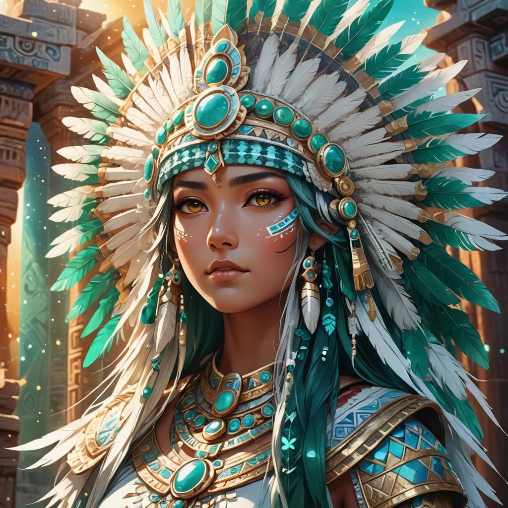 Aztec Waifu Anime Portrait with Glowing Temple