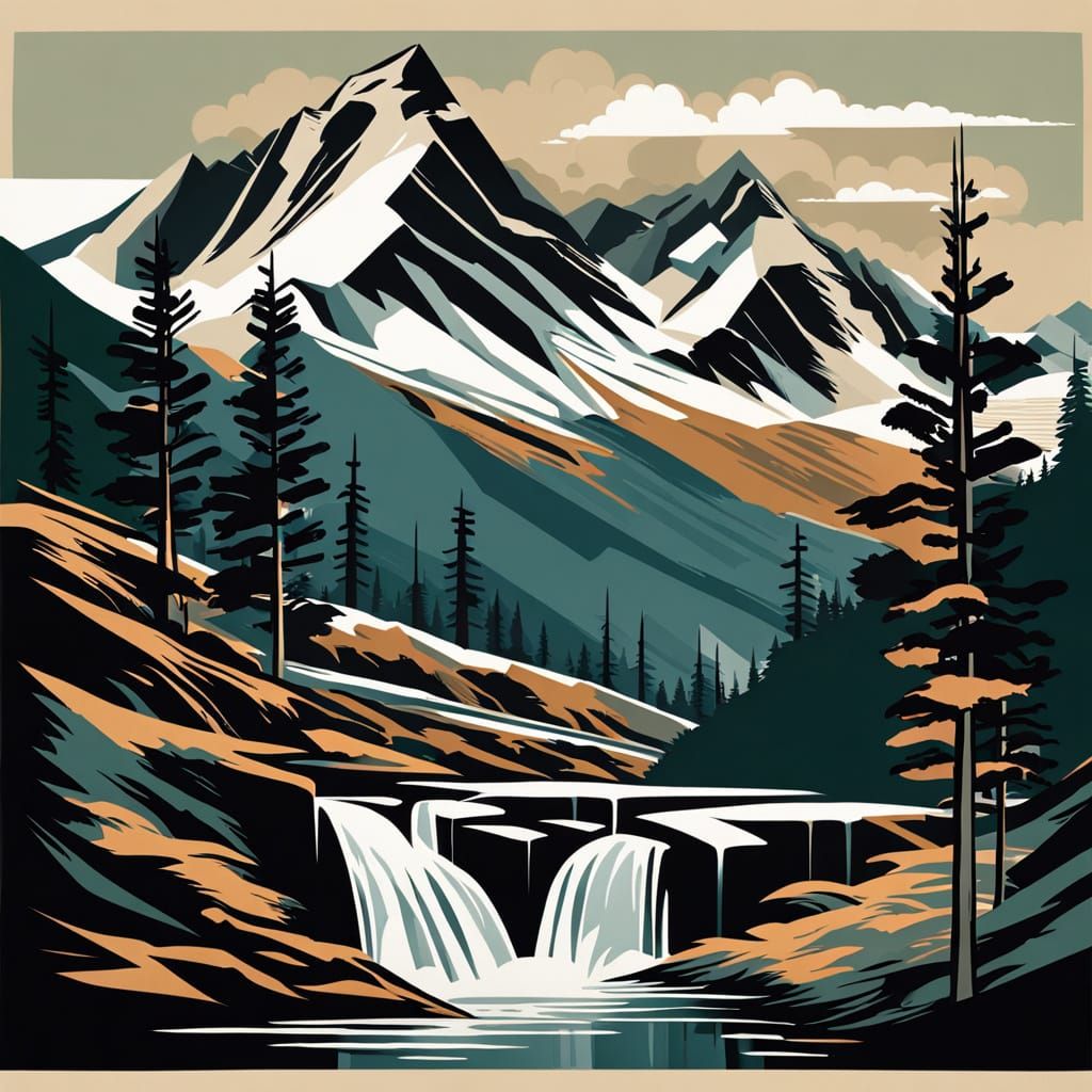 Majestic Mountain Waterfall in Pierre Soulages Style