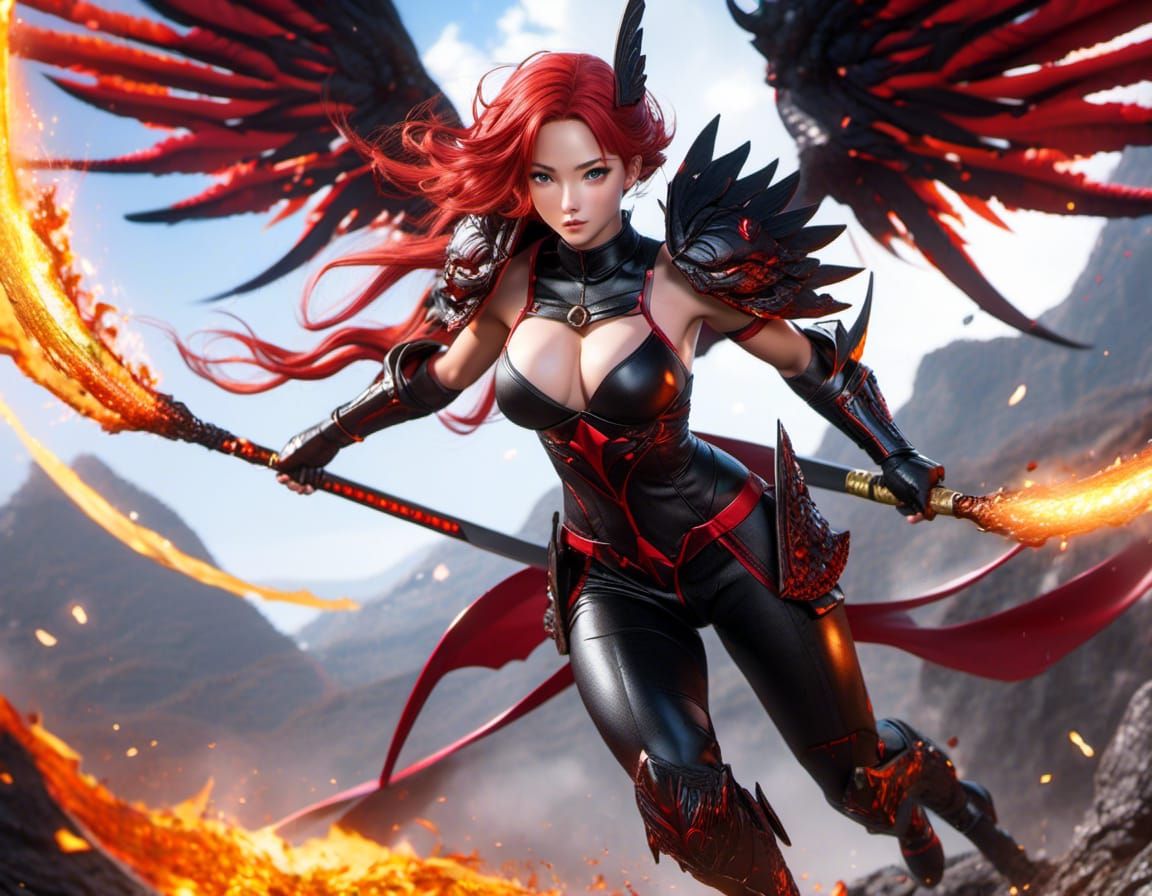 Demonic Redhead Soaring Over Lava Landscape