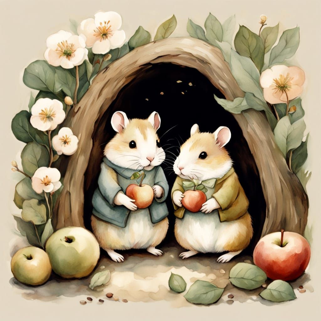 Cozy Hamster Burrow Beneath a Blooming Apple Tree in Whimsic...