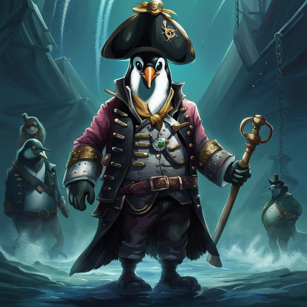 Penguin Pirates Forcing Human to Walk Plank