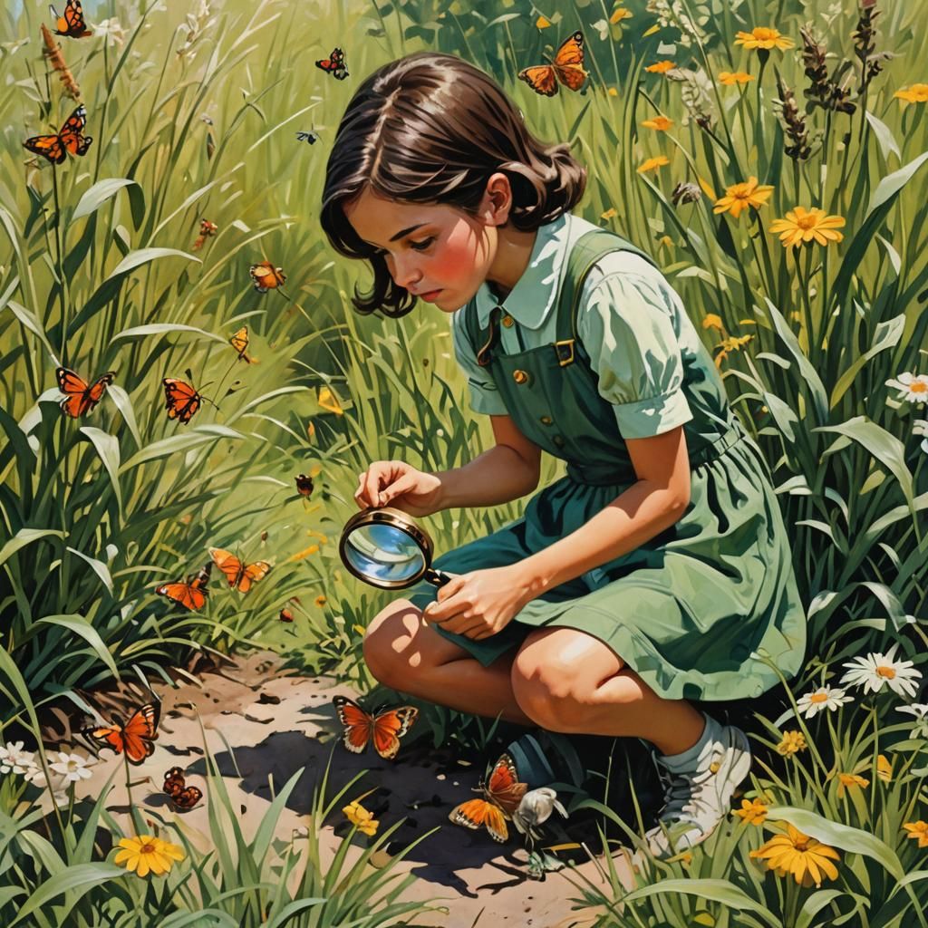 Girl Discovering Nature with Magnifying Glass