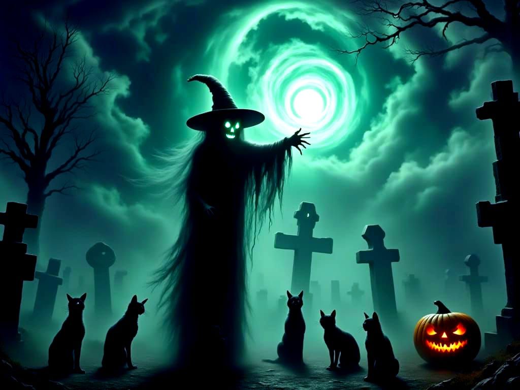 Halloween Witch Casting Spell in Foggy Cemetery with Ghosts