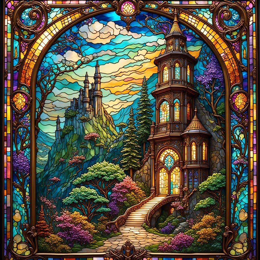 Stained Glass Architectural Drawing in Klimt Style