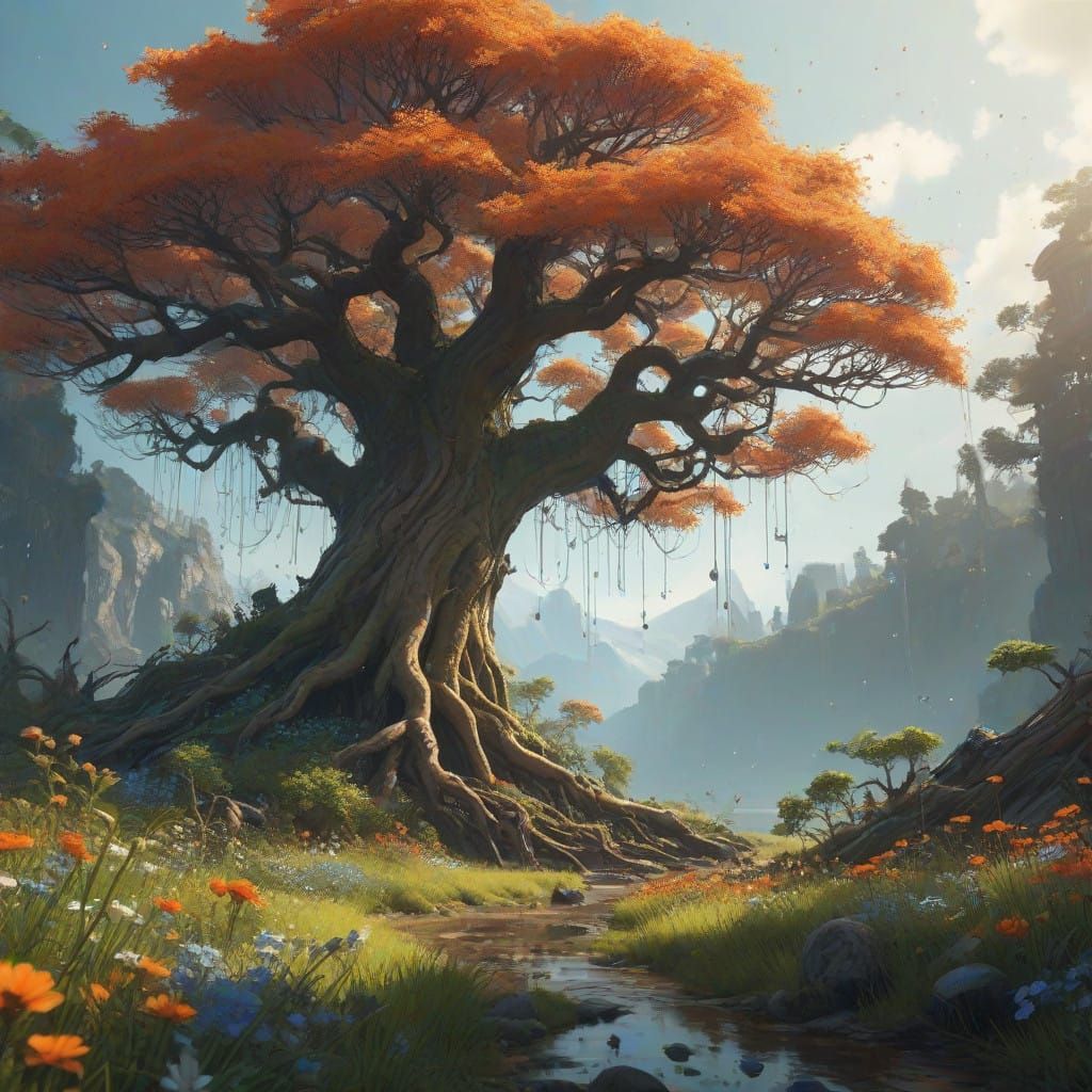 Vibrant Spring Rain in Dreamlike Landscape