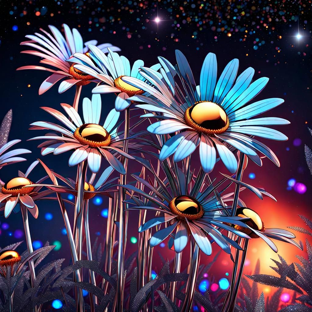 Reflective Metal Daisies in Dark Space Sky