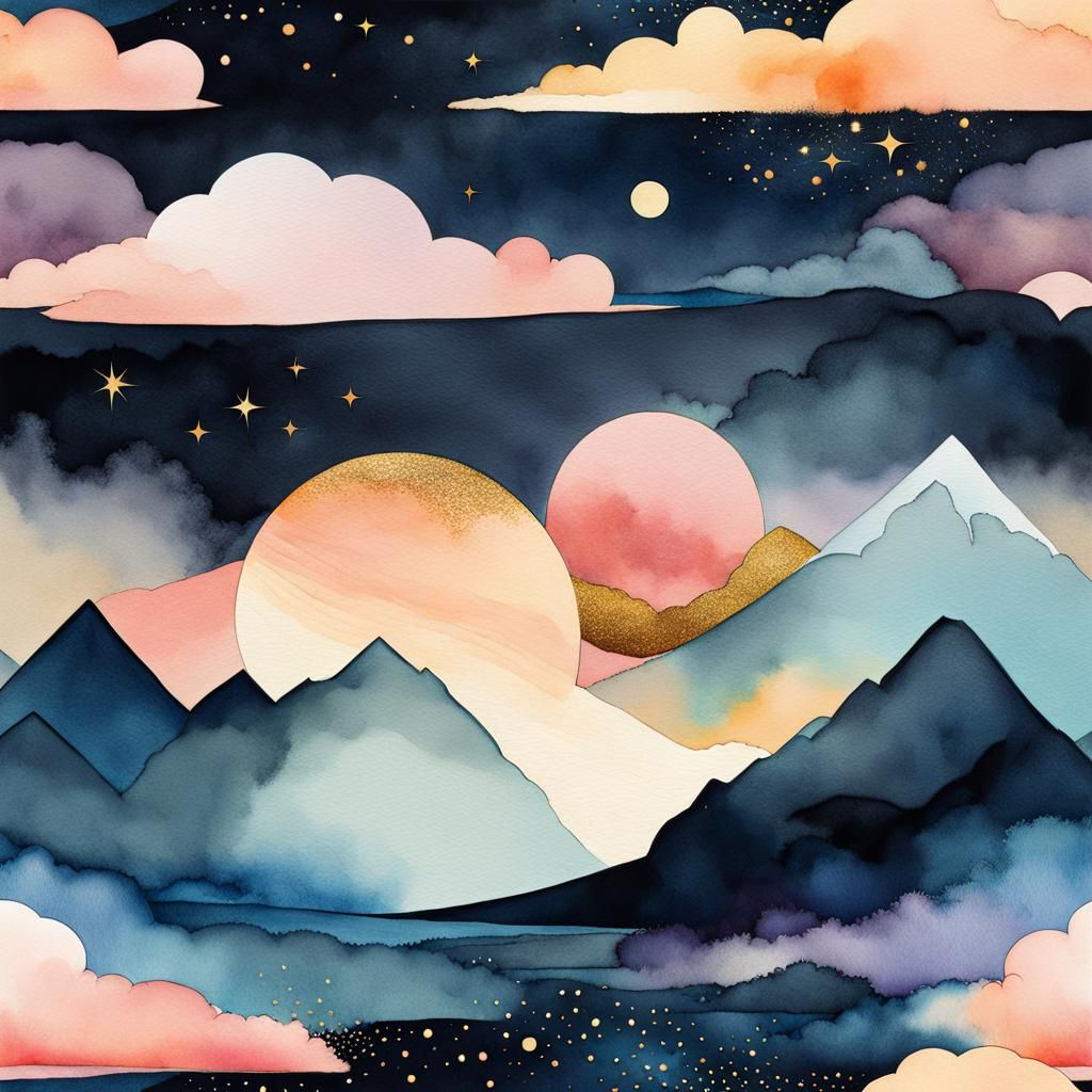 Geometric Galaxy Landscape in Art Deco Style