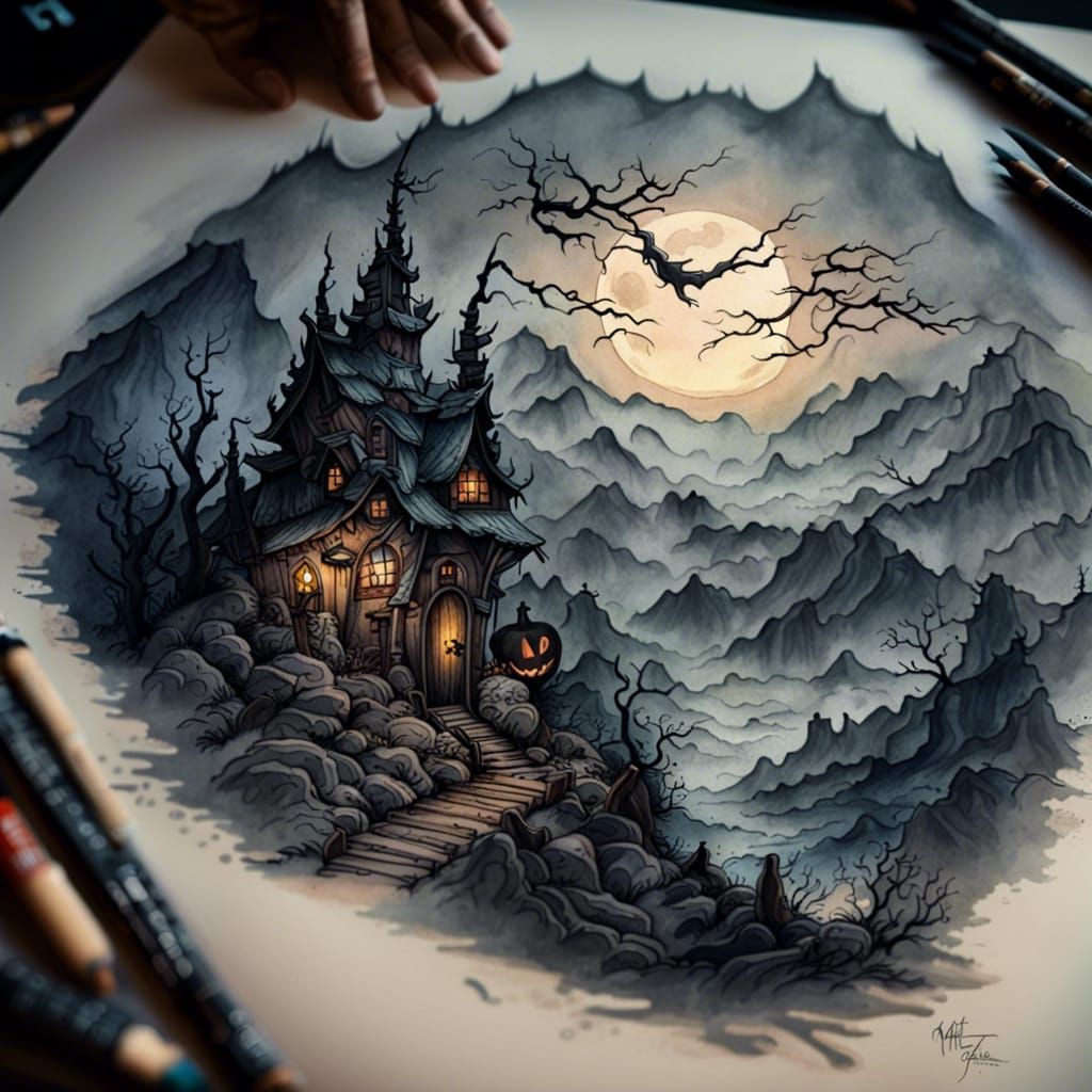 Misty Midnight Mountains in Horror Tattoo Style