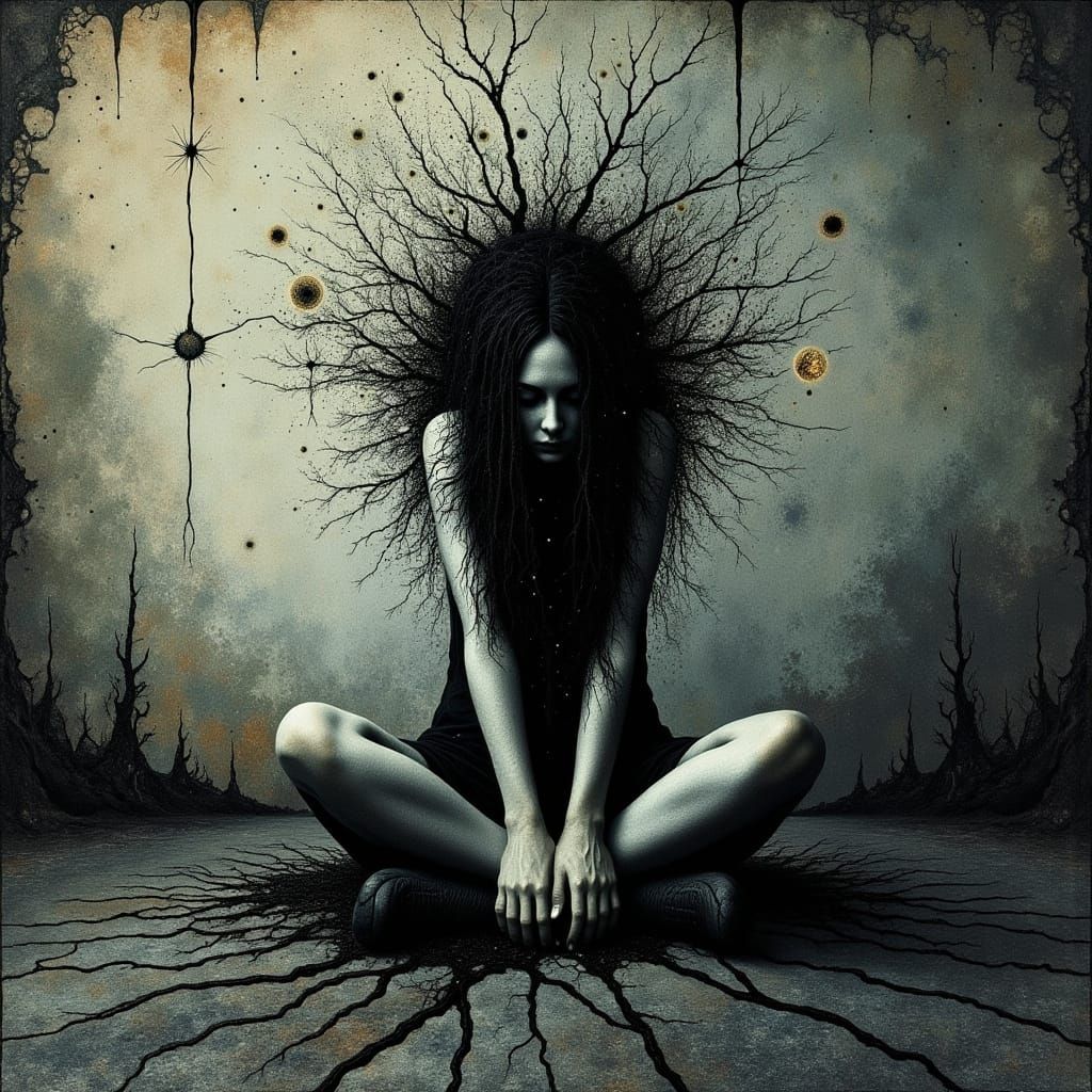 Surreal Woman Overwhelmed by Shadows and Darkness