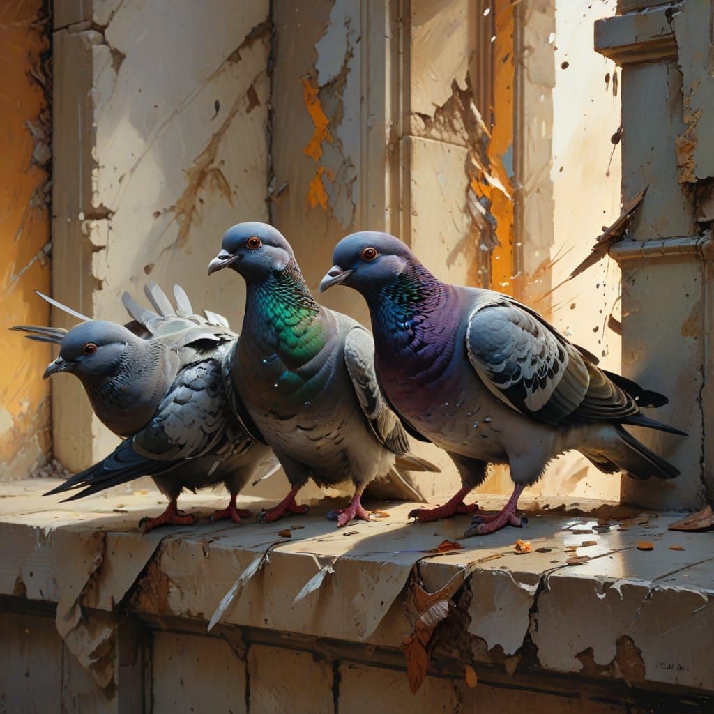 Pigeons in Vibrant Hyperrealistic Landscape