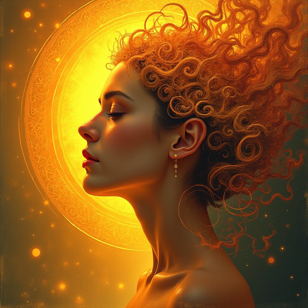 Mystical Woman with Golden Aura in Digital Art