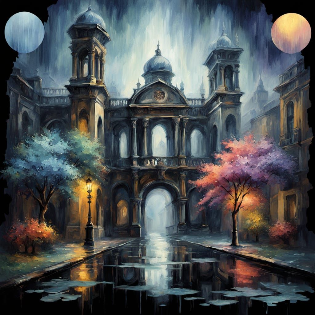 Urban Ruins in Rain: Impressionist Gouache Masterpiece