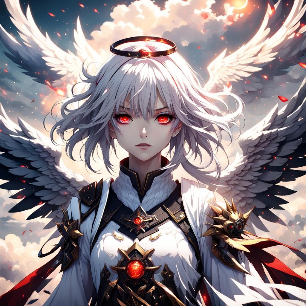 Anime Angel Girl with White Wings in Clouds