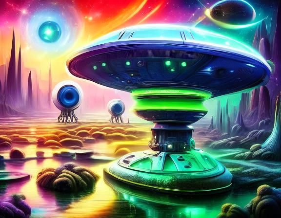 Futuristic Alien Gas Station with Neon Glow