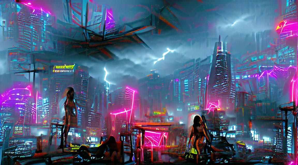 Cyberpunk Cityscape with Neon Lights and Lightning