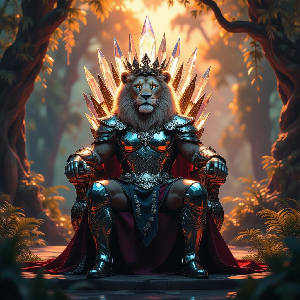 Lion-Man King on Crystalline Throne in Bioluminescent Forest