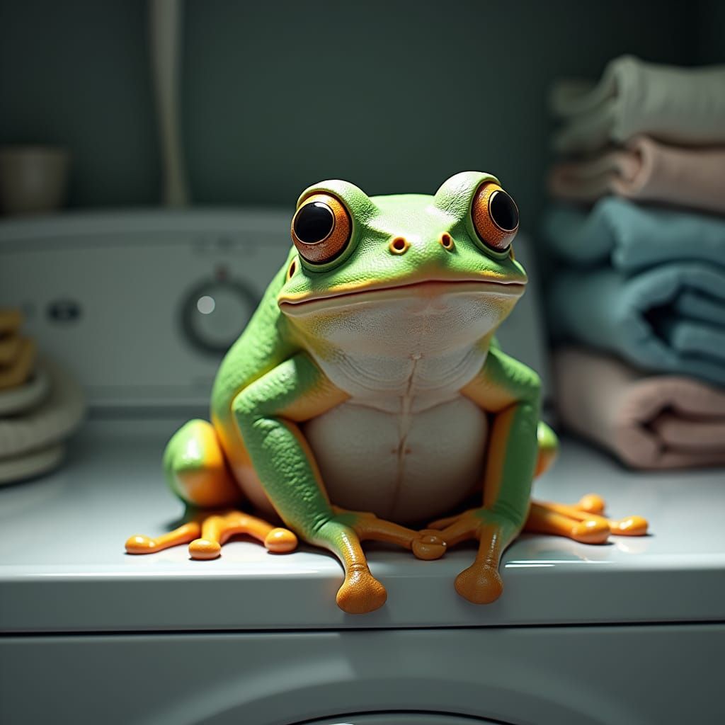 Sad White Tree Frog on Washing Machine