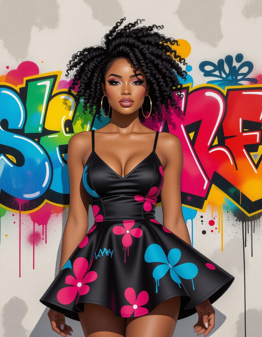 Black Woman in Skater Dress: Graffiti Street Art