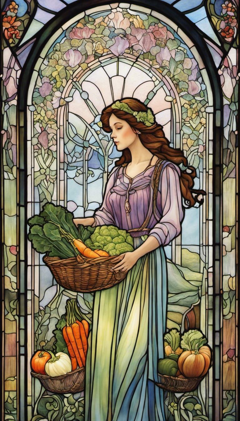 Art Nouveau Stained Glass: Woman at Farmers Market