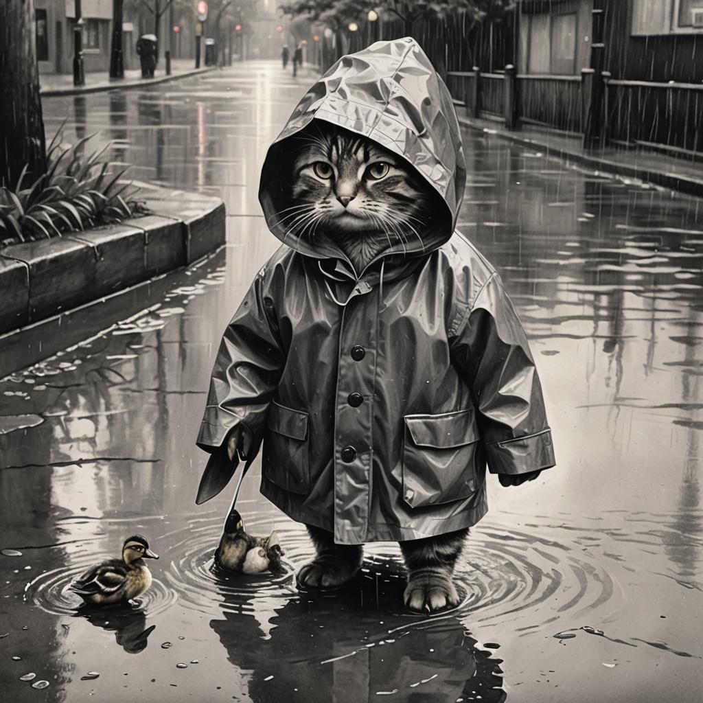 Duck Helping Cat in Raincoat: Charcoal Drawing
